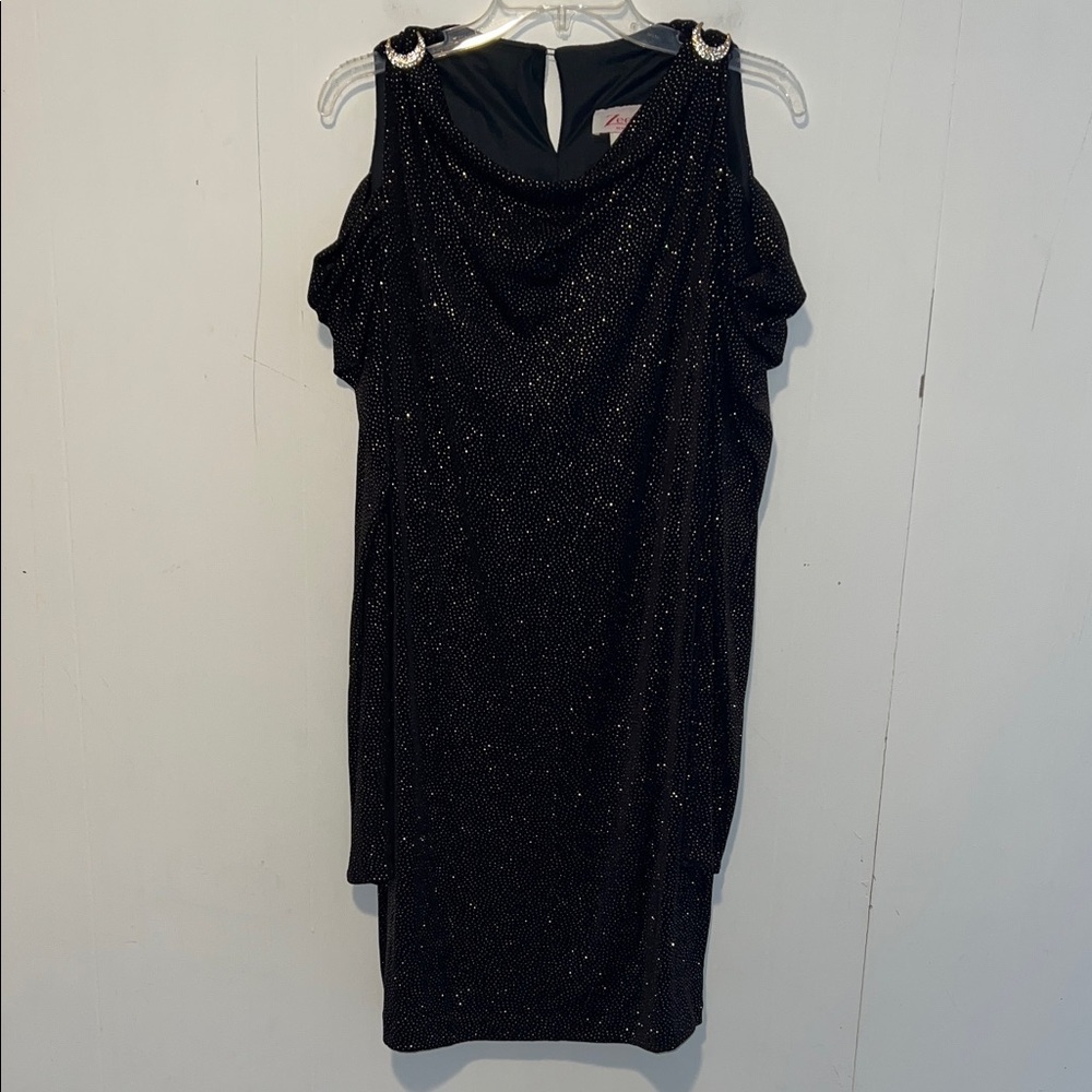 Vintage Zeeba Glamorous Black Glitter Open Shoulder Sparkly Dress I40